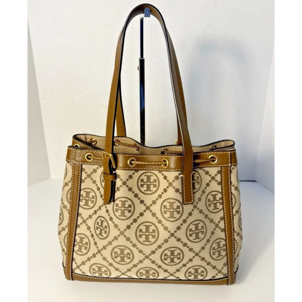 Tory Burch T Monogram Jacquard Logo Tote Bag Large Double Strap Cinch Drawstring